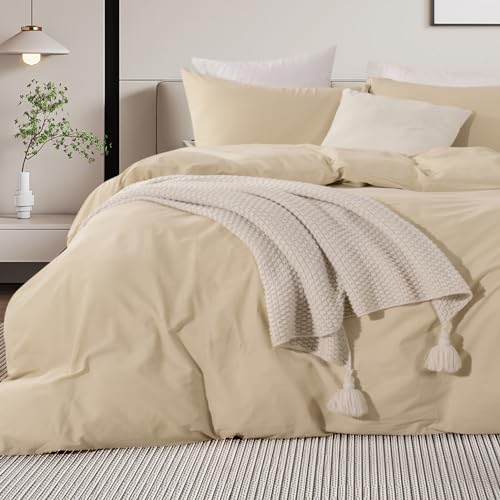 Organic Washed Cotton Queen Duvet Cover Set - Breathable & Soft Beige (No Comforter)