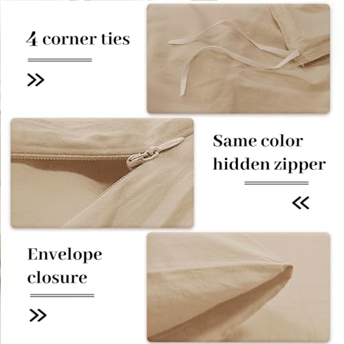 Queen Size Linen Look Textured Duvet Cover Set in 100% Organic Washed Cotton - Beige/Cream/Grey (3 Pieces, Zipper Closure)