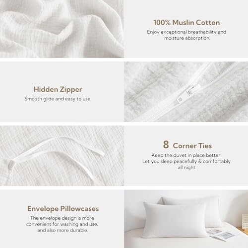 MILDLY 100% Cotton Muslin Duvet Cover Set - Lightweight & Breathable for All Seasons (3 Pieces)