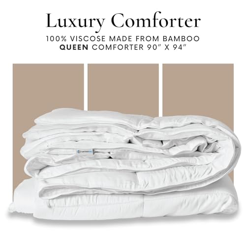 All Season Bamboo Comforter Queen - 100% Viscose Duvet Insert - Cooling Quilted Down Alternative - 90 x 94 Inch